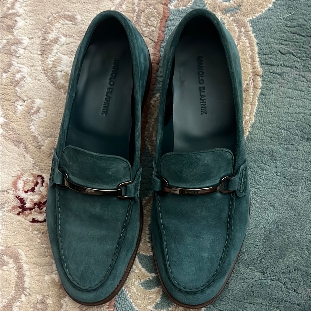Manolo Blahnik Green Suede Loafers